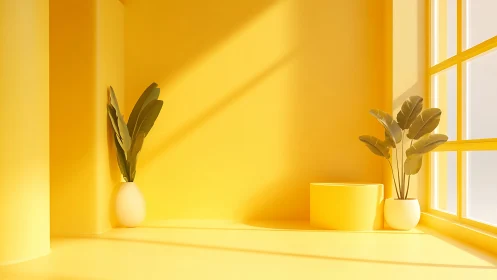 Yellow interior corner shows plants in white vases and light