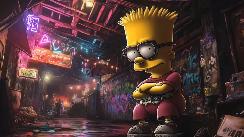 Stylized cartoon boy in neon graffiti alley with cinematic lighting