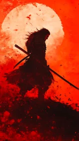 Blood-red samurai silhouette beneath a burning war sun.