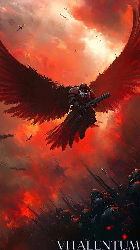 Winged power-armor seraph descending over burning battlefield.