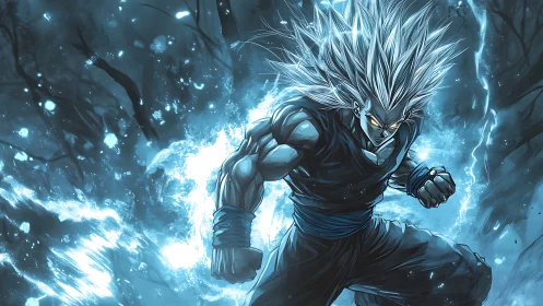 Dynamic anime warrior amid electrified energy vortex composition.