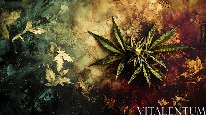 Cannabis leaf rests over textured dual-tone abstract ground