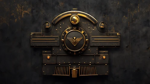 Steampunk locomotive emblem rendered as metallic bas-relief
