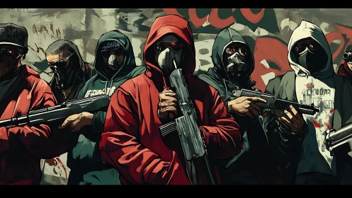 Armed masked group in urban alley with graffiti backdrop.
