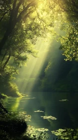 Sunlit forest lagoon with cinematic volumetric light beams.
