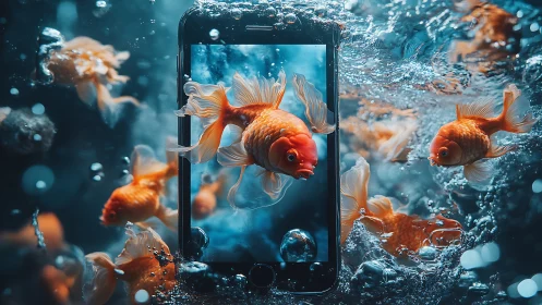 Smartphone screen frames goldfish within dynamic water scene