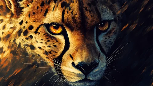 Cheetah Portrait with Golden Luminosity and Intense Gaze.