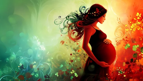 Pregnant woman silhouette in floral gradient bokeh environment