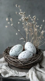 Speckled stillness cradles spring secrets in a twigged nest