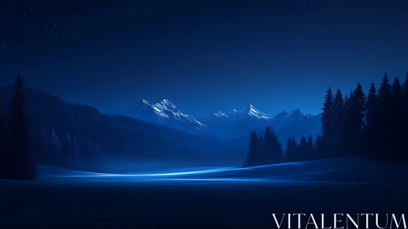Moonlit alpine valley glows beneath deep blue night sky