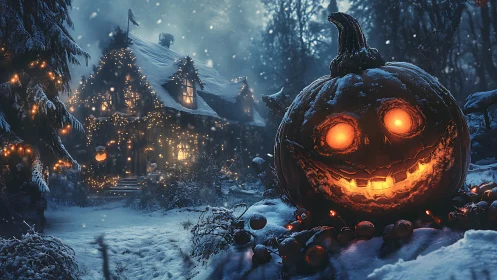 Glowing jack o’ lantern in snowy forest cottage scene.