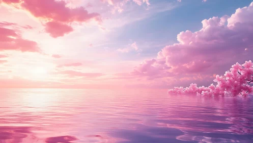 Pink-hued seascape with clouds and distant flowering branch.