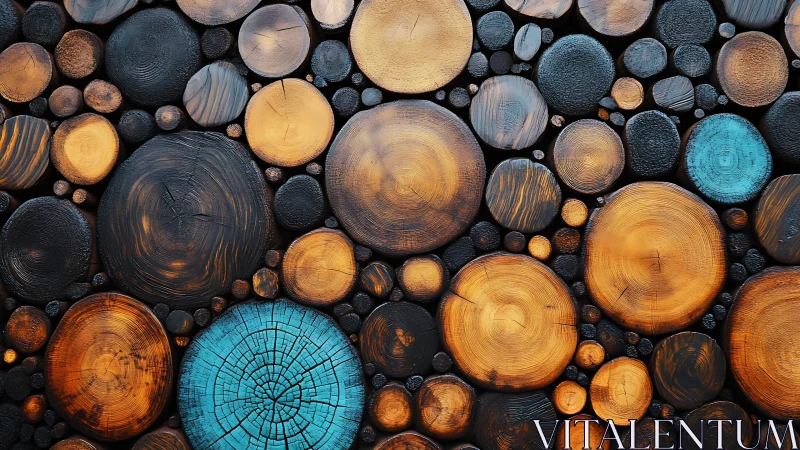 Color stained wood log cross-sections form tight mosaic wall