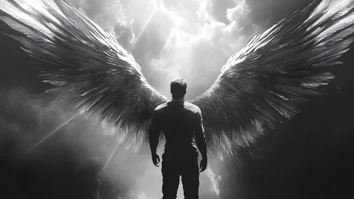 Backlit winged figure under storm clouds in monochrome light.