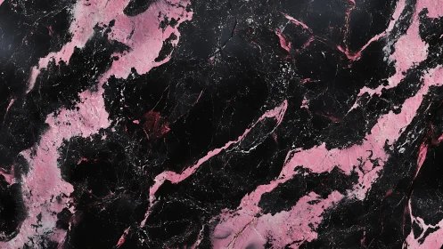 High-contrast black marble slab with veined pink mineral ribbons