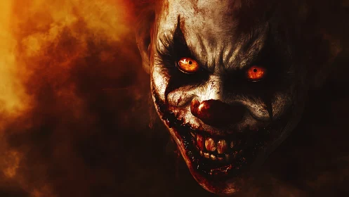 Sinister clown emerges from burning shadows with eerie glare.