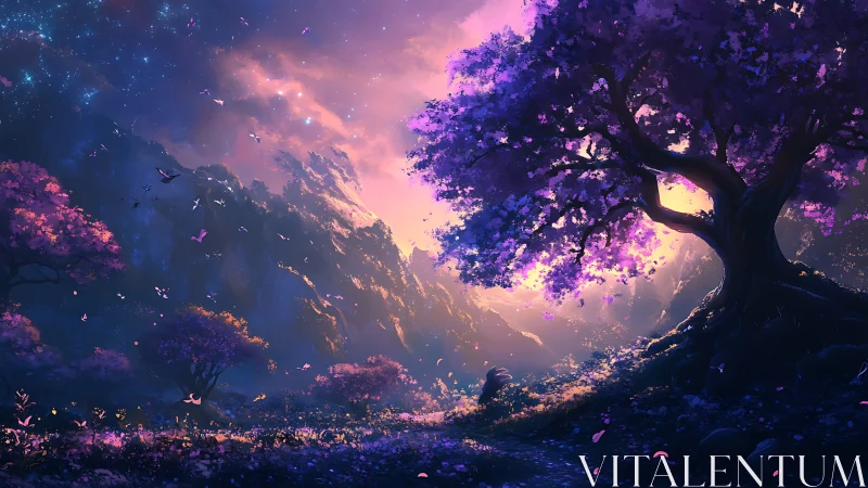 Twilight landscape with luminous tree and distant mountains.