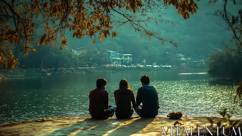 Three figures seated at water's edge facing distant settlement.