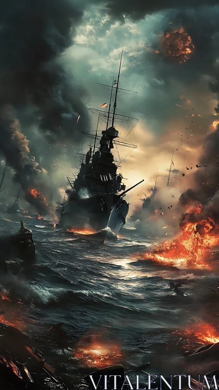 Warship cuts through burning storm-tossed battlefield sea.
