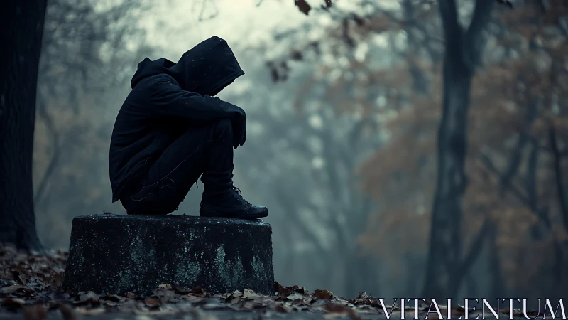 Hooded figure sits alone in a misty autumn forest clearing