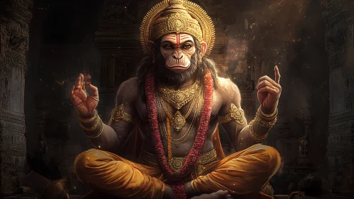 Hanuman sits in radiant meditation amid sacred temple ruins