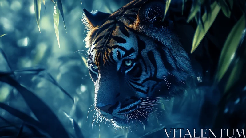 Tiger in dense foliage under cool blue-toned lighting.