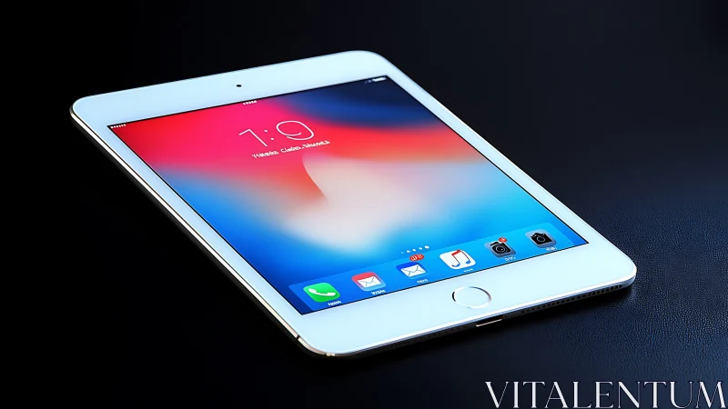 White smartphone displayed on dark surface showing colorful gradient interface.