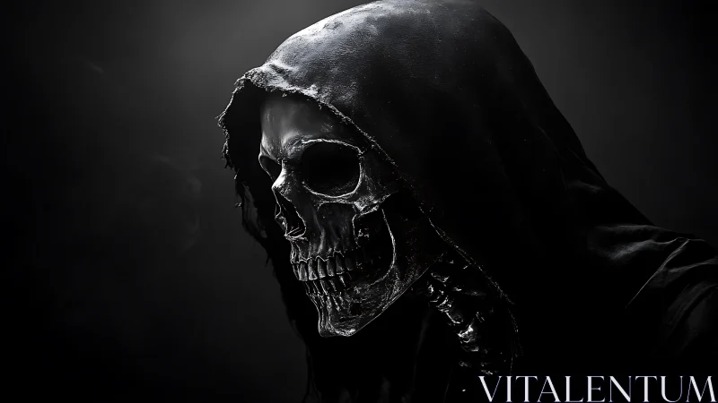 Photorealistic hooded skull portrait in chiaroscuro lighting.