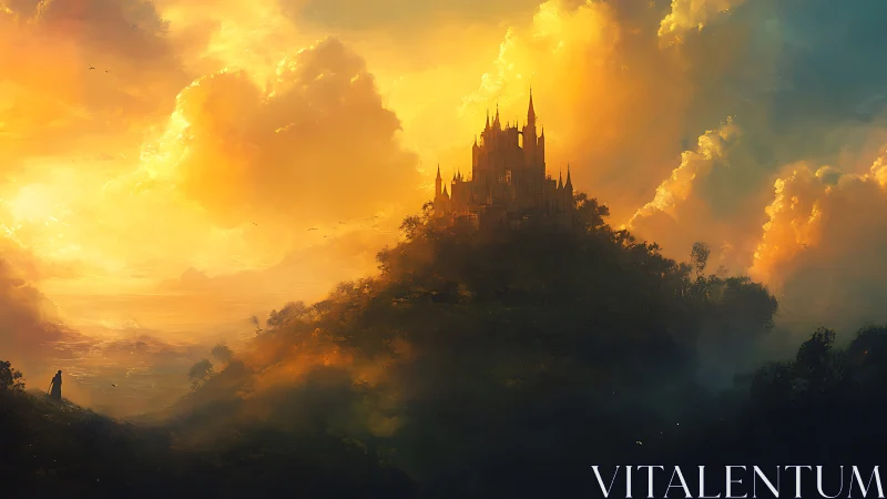 Sunlit gothic citadel crowning misty forested hill at dawn