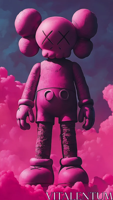 Pink stylized figure standing in dense surreal cloudscape.