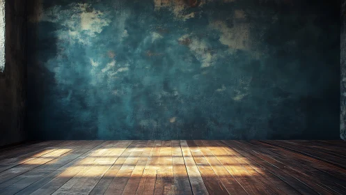 Weathered teal studio wall with rustic hardwood floor.