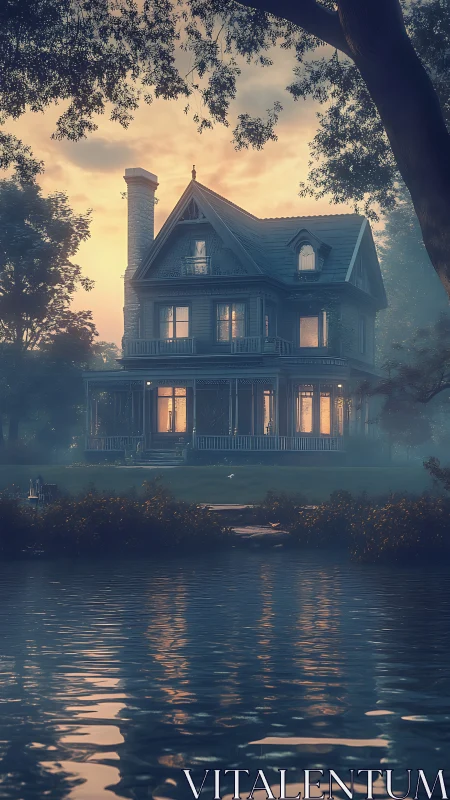 Victorian lakeside house stands in fog at dusk light