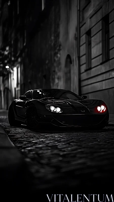 Black sports car on cobblestone street at night in city.