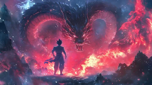 Human figure facing large spectral dragon in fiery sky.