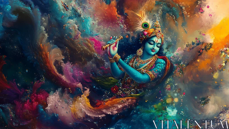 Blue-skinned divine figure plays flute amid swirling clouds