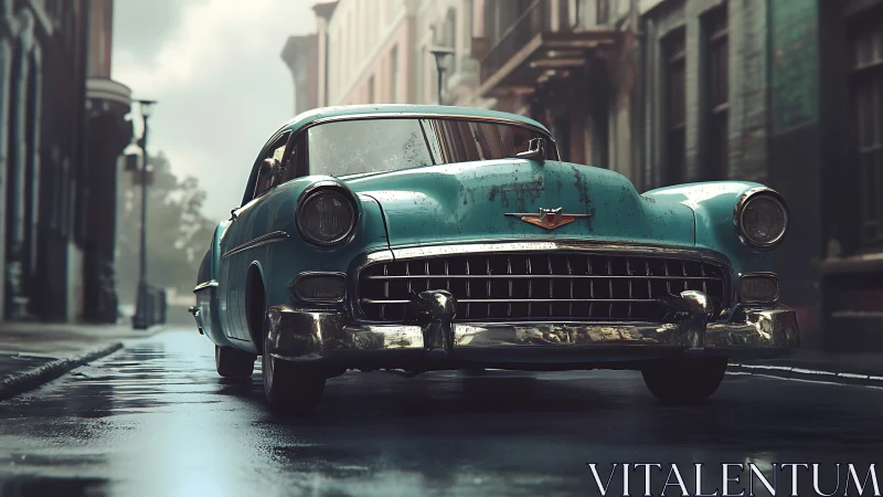 Weathered turquoise sedan in rain-soaked urban alleyway.