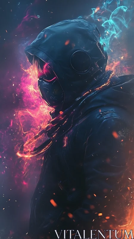 Hooded wanderer wrapped in neon fire and cool blue smoke.