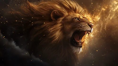 Fiery lion roars boldly, mane streaming through glowing sparks