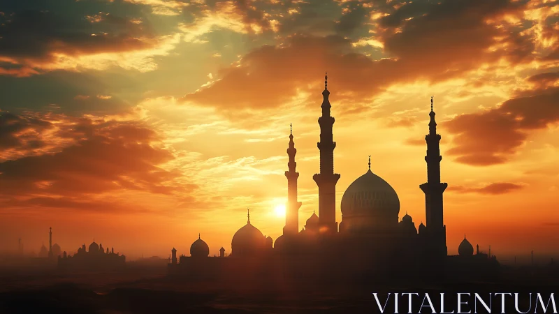 Silhouetted mosque complex stands against layered sunset sky