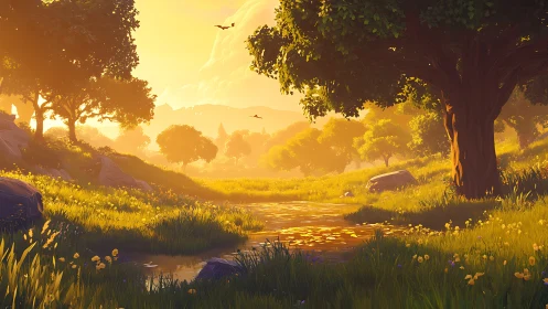 Rendered woodland stream under low warm directional sunlight