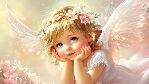 Daydreaming little angel in soft pastel flower clouds.