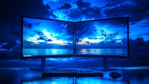 Dual widescreen monitors with seascape wallpaper in blue light