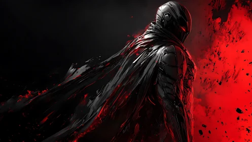 Shadow-cloaked cyber warrior emerging from molten red storm.