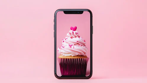 Romantic Cupcake Wallpaper with Heart Topping on Mobile Phone.