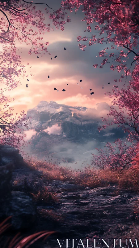 Twilight mountain trail framed by luminous cherry blossoms.