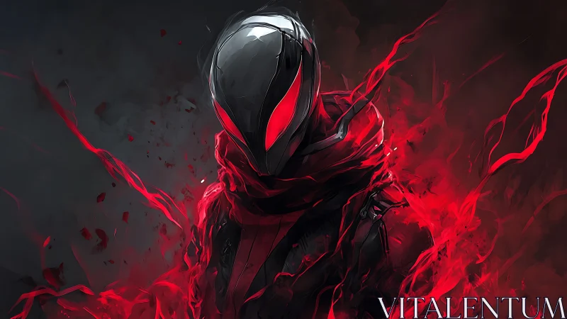 Hooded armored figure with red energy on dark background.