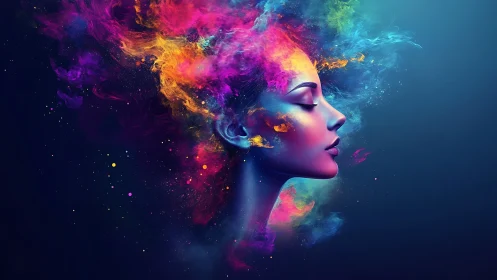 Profile portrait with dispersing multicolored particle clouds.