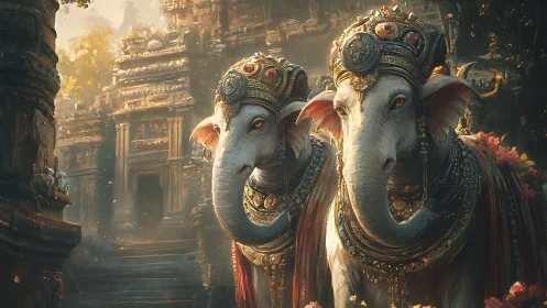 Regal white elephants in jeweled procession before temple.