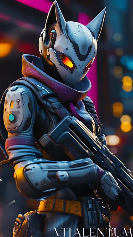 Neon city fox warrior in sleek sci fi armor stands ready.