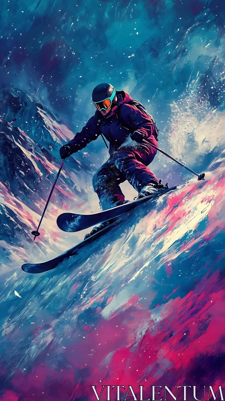 Skier carves a neon-lit mountain slope in blizzard motion